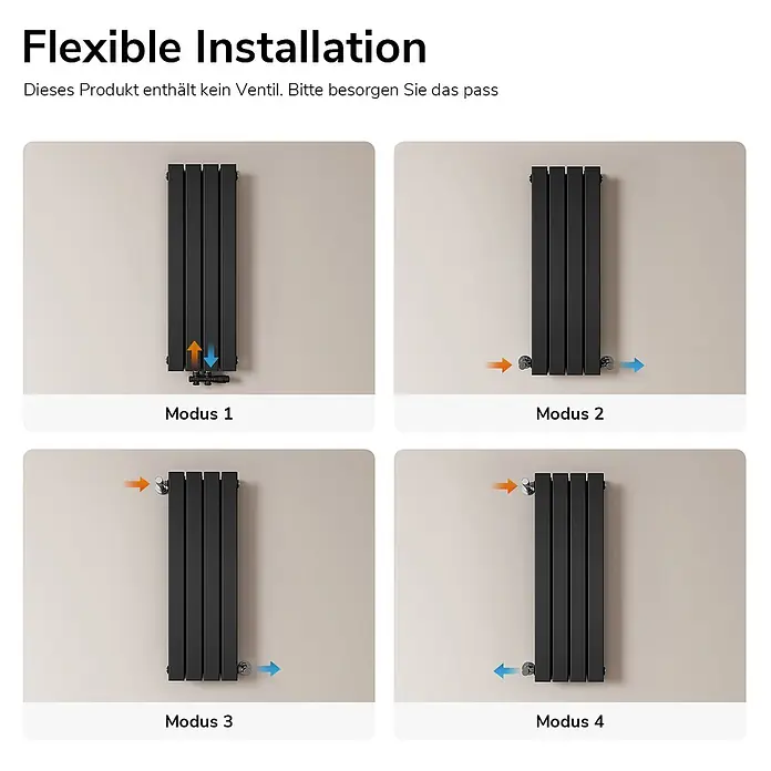 Emke Designheizkörper Flatrad FR - Wärmeleistung bei Vorlauftemperatur von 75 °C (D: 50): 403 W, Schwarz - Schwarzer vertikaler Flachheizkörper, der vier flexible Installationsoptionen für Rohranschlüsse (unten, seitlich, gegenüber) zeigt.