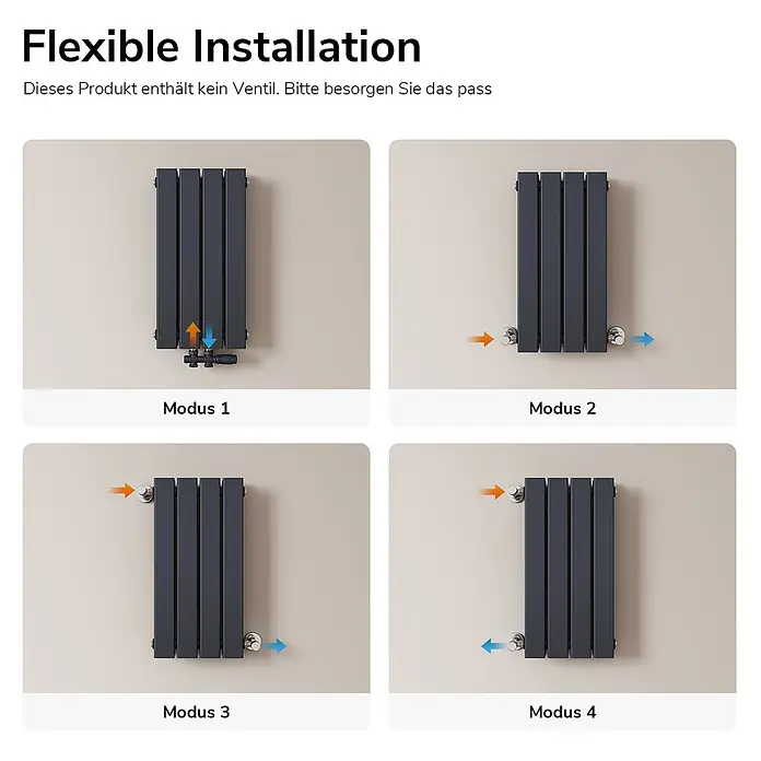 Emke Designheizkörper Flatrad FR - Wärmeleistung bei Vorlauftemperatur von 75 °C (D: 50): 327 W, Anthrazit - Dunkelgrauer vertikaler Paneelheizkörper mit vier flexiblen Anschlussmöglichkeiten für Rohre.