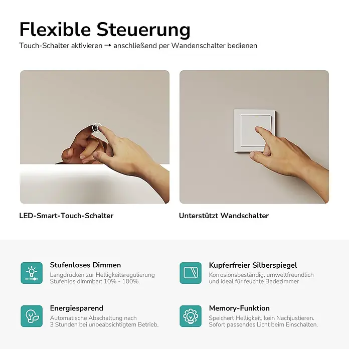 Emke Lichtspiegel Glowrim LM09 -  - Spiegel mit Touch- und Wandschaltersteuerung, ausgestattet mit Dimm-, Speicher- und Energiesparfunktionen.