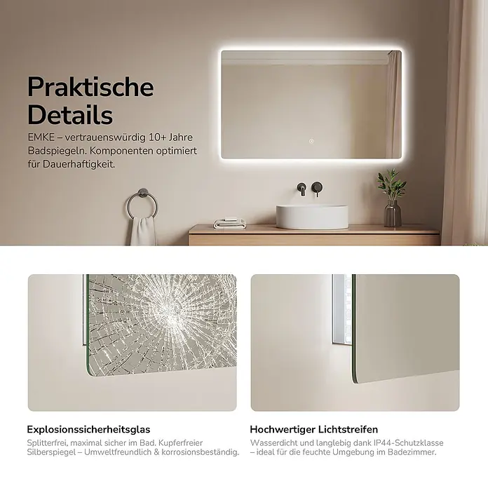 Emke Lichtspiegel Glowrim LM09 -  - Beleuchteter Badspiegel in modernem Ambiente, mit Einblendungen von splitterfreiem Sicherheitsglas und wasserdichtem LED-Lichtstreifen.