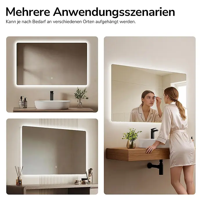 Emke Lichtspiegel Glowrim LM09 -  - Rechteckiger LED-beleuchteter Spiegel über Waschtisch und Schminktisch, eine Frau benutzt ihn zum Schminken.