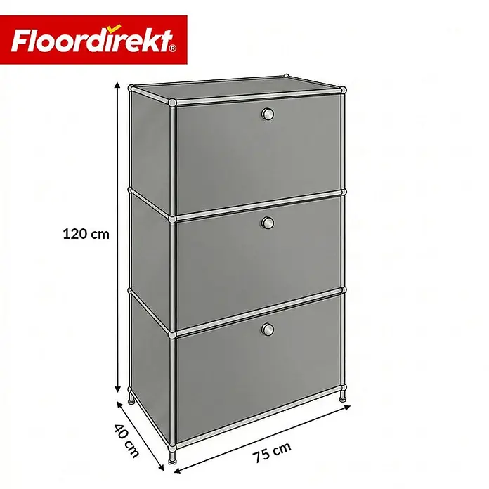 Floordirekt Metall-Mehrzweckschrank Concept Epure MK-129 Grau - Grau - Grauer dreistöckiger Schuhschrank mit Türen, 120 cm hoch, 75 cm breit, 40 cm tief.