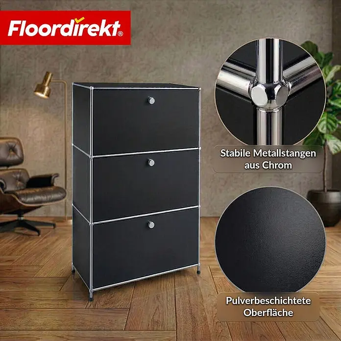Floordirekt Metall-Mehrzweckschrank Concept Epure MK-129 Schwarz - Schwarz - Schwarzes dreistöckiges modulares Aufbewahrungssystem mit Chromstangen und pulverbeschichteten Oberflächen.