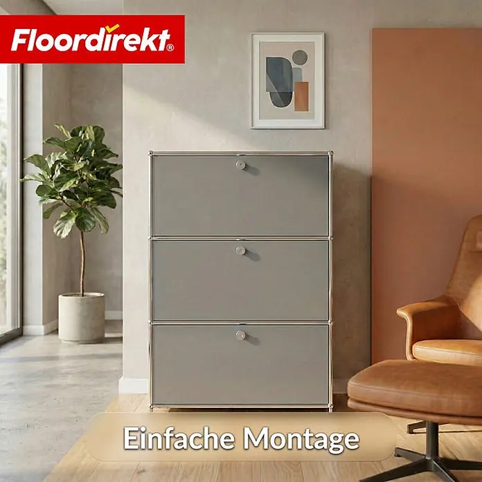 Floordirekt Metall-Mehrzweckschrank Concept Epure MK-129 Grau - Grau - Ein graues, dreistufiges modulares Aufbewahrungselement mit silbernen Griffen in einem modernen Wohnraum.