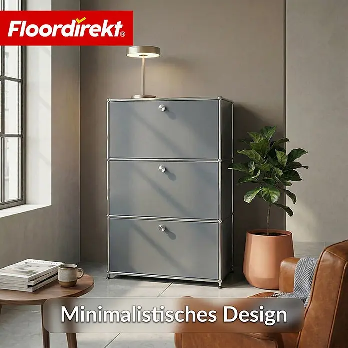 Floordirekt Metall-Mehrzweckschrank Concept Epure MK-129 Grau - Grau - Dreischichtiger grauer Modulschrank mit Schubladen in einem modernen Wohnzimmer.