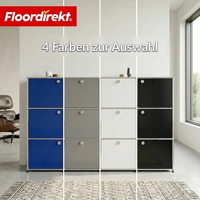 Floordirekt Metall-Mehrzweckschrank Concept Epure MK-129 Schwarz - Schwarz - Modulares Aufbewahrungsmöbel mit mehreren Fächern, in Blau, Grau, Weiß und Schwarz in modernem Raumambiente.
