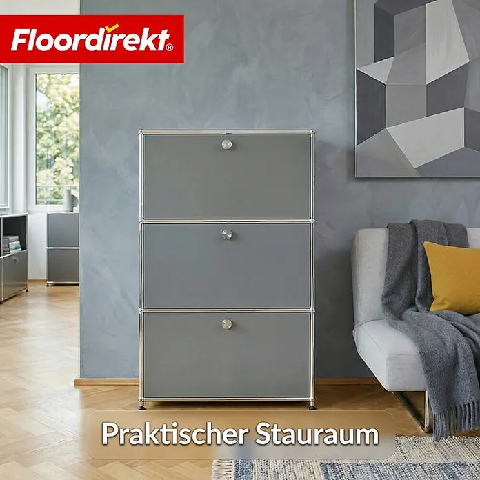 Floordirekt Metall-Mehrzweckschrank Concept Epure MK-129 Grau - Grau - Dreiteiliger grauer Modulschrank mit Chromrahmen in einem modernen Wohnzimmer. Bietet praktischen Stauraum.