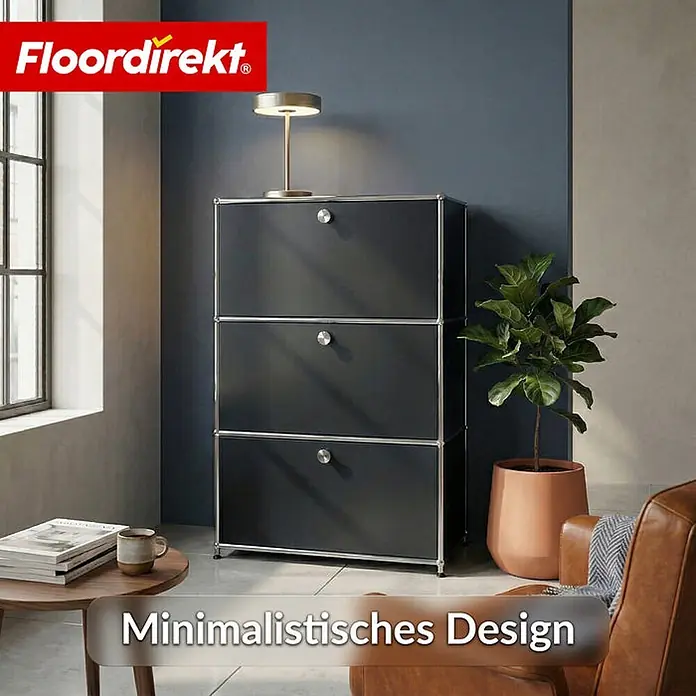 Floordirekt Metall-Mehrzweckschrank Concept Epure MK-129 Schwarz - Schwarz - Schwarzer Modulschrank mit Chromrahmen und Griffen, minimalistisches Design in einem modernen Raum.