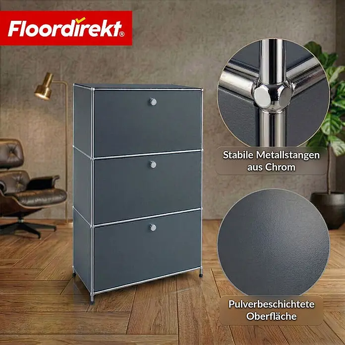 Floordirekt Metall-Mehrzweckschrank Concept Epure MK-129 Grau - Grau - Dunkelgraues, dreistöckiges modulares Aufbewahrungselement mit Chromrahmen und Griffen, pulverbeschichtete Oberfläche.