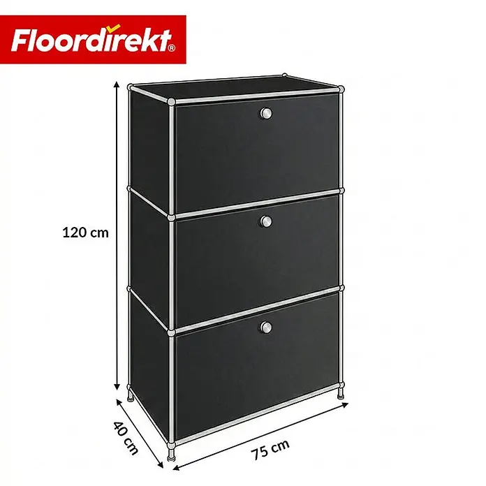 Floordirekt Metall-Mehrzweckschrank Concept Epure MK-129 Schwarz - Schwarz - Schwarzer modularer Schubladenschrank mit 3 Fächern, 120x75x40 cm. Mit Chromakzenten.