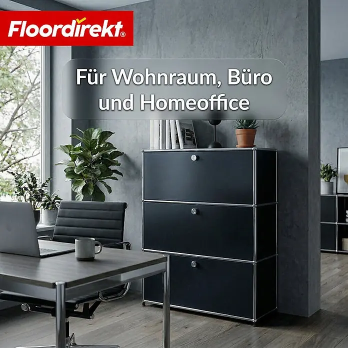 Floordirekt Metall-Mehrzweckschrank Concept Epure MK-129 Schwarz - Schwarz - Schwarzes modulares Aufbewahrungsmöbel mit Chromdetails, ideal für modernes Büro oder Homeoffice.