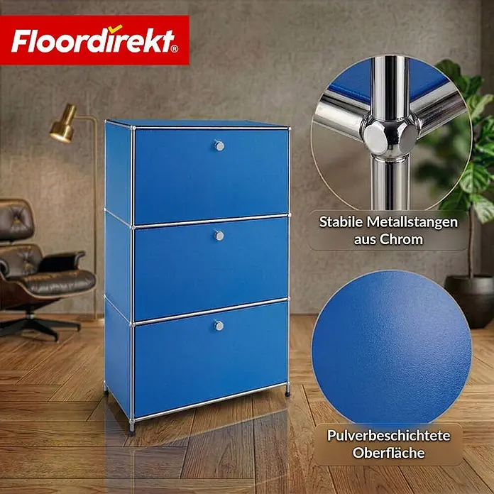 Floordirekt Metall-Mehrzweckschrank Concept Epure MK-129 Blau - Blau - Blaues Modulschranksystem mit 3 Schubladen, stabilen Chromstangen und pulverbeschichteter Oberfläche.