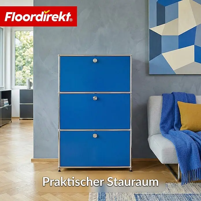 Floordirekt Metall-Mehrzweckschrank Concept Epure MK-129 Blau - Blau - Ein dreistöckiges blaues modulares Aufbewahrungsmöbel mit silbernen Rahmen, das praktischen Stauraum bietet.