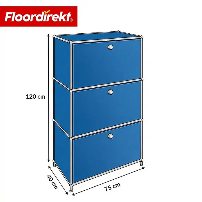 Floordirekt Metall-Mehrzweckschrank Concept Epure MK-129 Blau - Blau - Blauer 3-stöckiger modulare Aufbewahrungsschrank, 120x75x40 cm, mit silbernen Rahmen und Griffen.