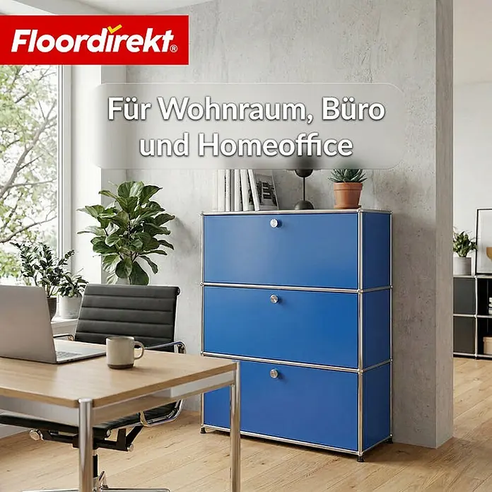 Floordirekt Metall-Mehrzweckschrank Concept Epure MK-129 Blau - Blau - Blauer modularer Stauraumschrank mit drei Fächern, ideal für Büro oder Homeoffice.