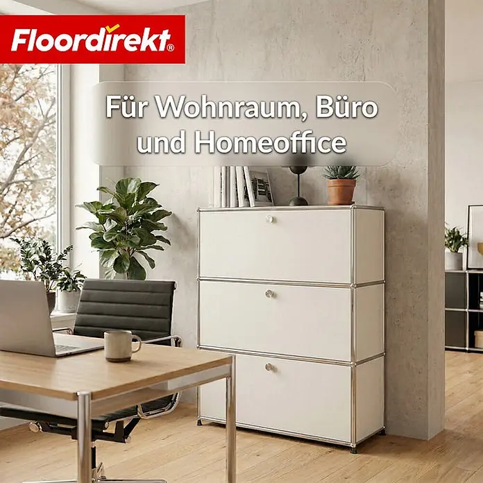 Floordirekt Metall-Mehrzweckschrank Concept Epure MK-129 Weiß - Weiß - Weißer Modularschrank mit Chromrahmen und drei Schubladen für Wohnzimmer, Büro und Homeoffice, in modernem Arbeitsbereich gezeigt.