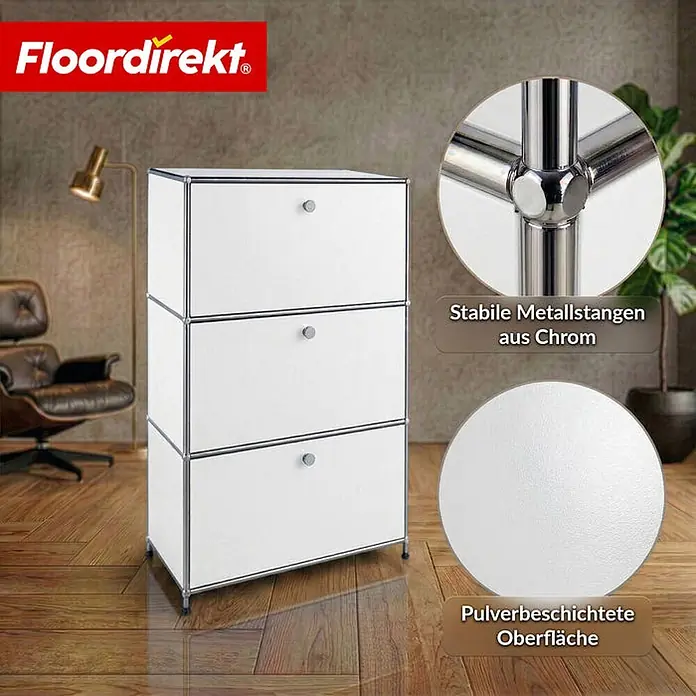 Floordirekt Metall-Mehrzweckschrank Concept Epure MK-129 Weiß - Weiß - Weißes modulares Aufbewahrungsmöbel mit drei Schubladen und Chrommetallrahmen. Pulverbeschichtete Oberfläche.