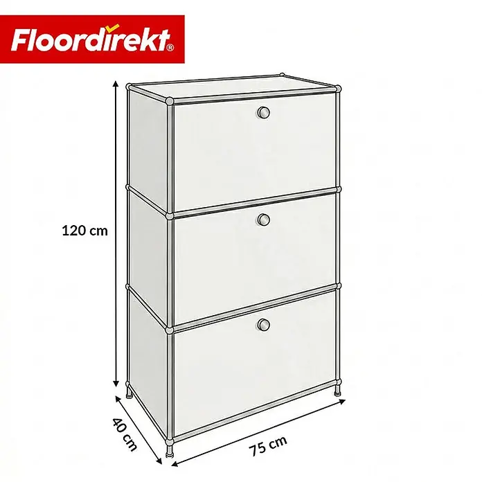 Floordirekt Metall-Mehrzweckschrank Concept Epure MK-129 Weiß - Weiß - Weißer dreistöckiger modularer Schuhschrank, 120x75x40 cm, mit Ringgriffen.