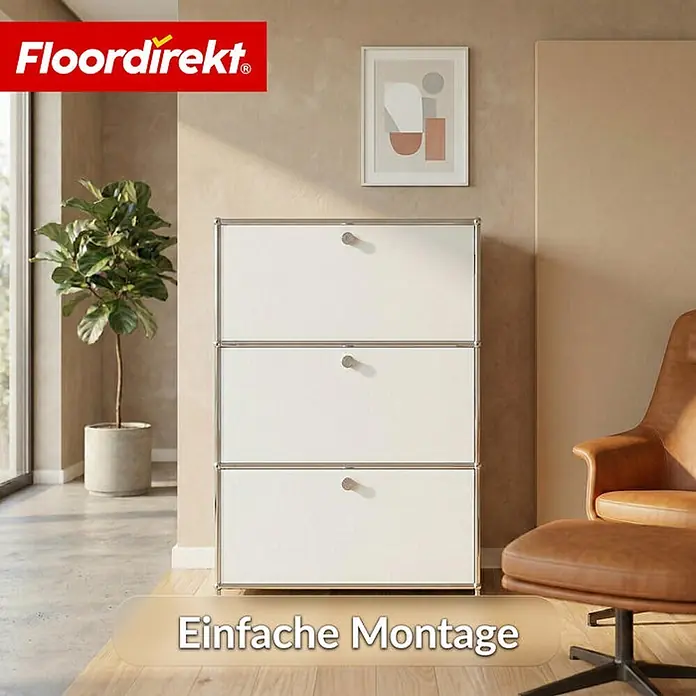 Floordirekt Metall-Mehrzweckschrank Concept Epure MK-129 Weiß - Weiß - Weißes, dreistufiges modulares Aufbewahrungselement mit silbernen Griffen in moderner Raumgestaltung.