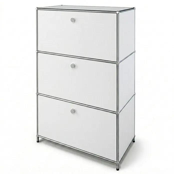 Floordirekt Metall-Mehrzweckschrank Concept Epure MK-129 Weiß - Weiß - Weißes modulares Schranksystem mit drei Schubladen und silbernem Metallrahmen.