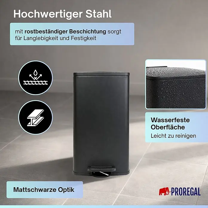 Proregal Treteimer 30L mit Softclose - 30 l, Metall, Matt Schwarz - Mattschwarzer rechteckiger Treteimer aus Stahl mit rostbeständiger und wasserfester Oberfläche, leicht zu reinigen.