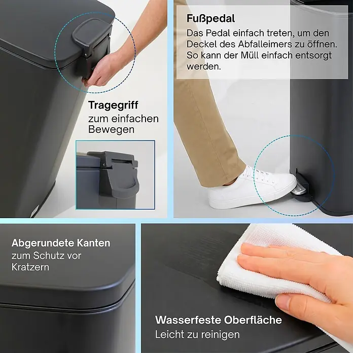 Proregal Treteimer 30L mit Softclose - 30 l, Metall, Matt Schwarz - Schwarzer Mülleimer mit Fußpedal, Tragegriff, abgerundeten Kanten und wasserfester, leicht zu reinigender Oberfläche.