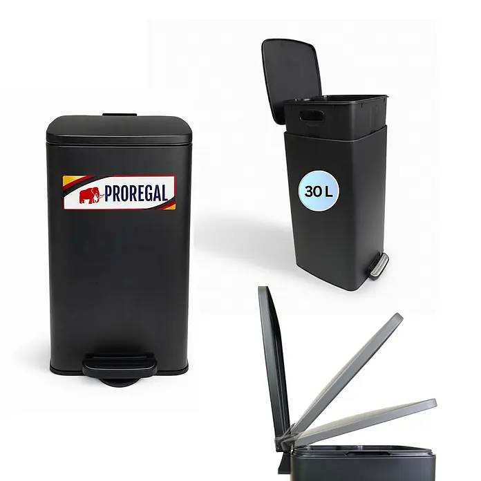 Proregal Treteimer 30L mit Softclose - 30 l, Metall, Matt Schwarz - Schwarzer rechteckiger PROREGAL Treteimer (30L) mit herausnehmbarem Inneneimer und Soft-Close-Deckel.