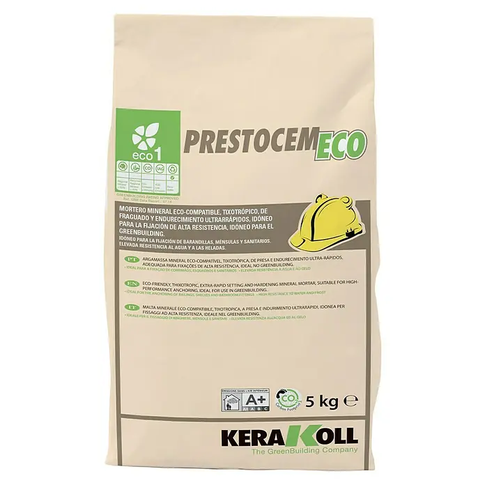 Kerakoll Mortero de reparación rápida Prestocem Eco - 5 kg - Mortero prestocemECO Eco 1: Mortero mineral eco-compatible de fraguado rápido para anclaje de alto rendimiento en construcción ecológica.