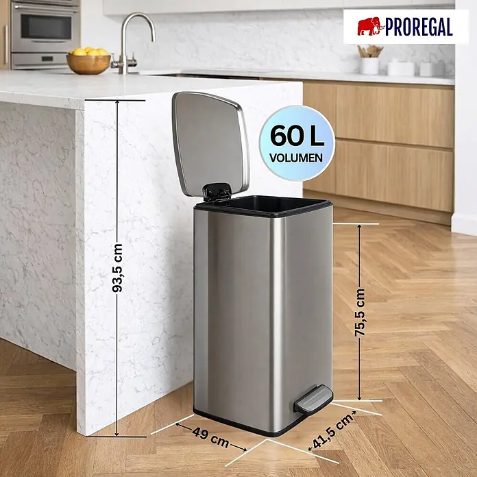 PROREGAL Mülleimer Küche Bad 60L, Abfalleimer mit Softclose & Stay-Open Deckel, Fußpedal & Inneneimer | Stahl, Silber | rechteckiger Treteimer mit Inneneimer, Tretmülleimer 60 Liter -  - 60L Edelstahl-Mülleimer mit offenem Deckel und Pedal, 49x41.5x75.5 cm. Steht in moderner Küche neben Insel.