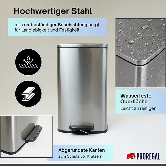 PROREGAL Mülleimer Küche Bad 60L, Abfalleimer mit Softclose & Stay-Open Deckel, Fußpedal & Inneneimer | Stahl, Silber | rechteckiger Treteimer mit Inneneimer, Tretmülleimer 60 Liter -  - Silberner, rechteckiger Abfalleimer aus hochwertigem Edelstahl mit Fußpedal, rostbeständiger Beschichtung, wasserfester Oberfläche und abgerundeten Kanten.