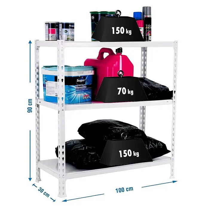 Simonrack Simonclick Metallregal Ecoclick Plus - H x B x T: 90 x 100 x 30 cm, Traglast pro Boden: 70 kg, Anzahl Böden: 3 Stk., Stecken, Weiß - Abbildung eines weißen Lagerregals mit drei Ebenen, die mit Farbdosen, einem Kanister und Sandsäcken mit Gewichtsangaben beladen sind.