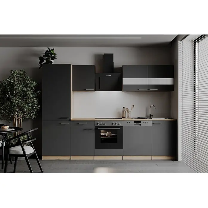 Respekta Küchenzeile Merle - Breite: 280 cm, Grau, Mit Elektrogeräten - Moderne Küche mit dunkelgrauen Schränken, hellen Holzakzenten, integriertem Backofen, Kochfeld, Spüle und Geschirrspüler.