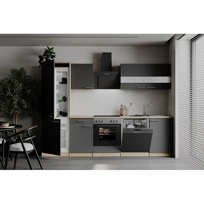 Respekta Küchenzeile Merle - Breite: 280 cm, Grau, Mit Elektrogeräten - Eine moderne Küche mit grauen Schränken, hellen Holzdetails, schwarzen Geräten (offener Kühlschrank, Spülmaschine) und einem kleinen Essbereich.