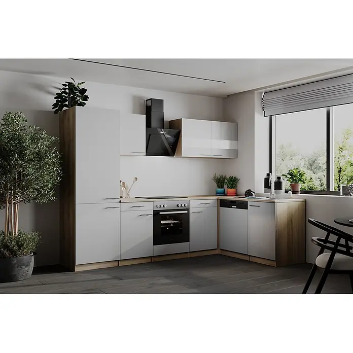 Respekta Winkelküche Merle - B x L: 280 x 172 cm, Weiß, Mit Elektrogeräten - Moderne L-förmige Küche mit hellgrauen/weißen Schränken, Holzakzenten, dunklen Geräten und heller Holzplatte, funktional gestaltet.