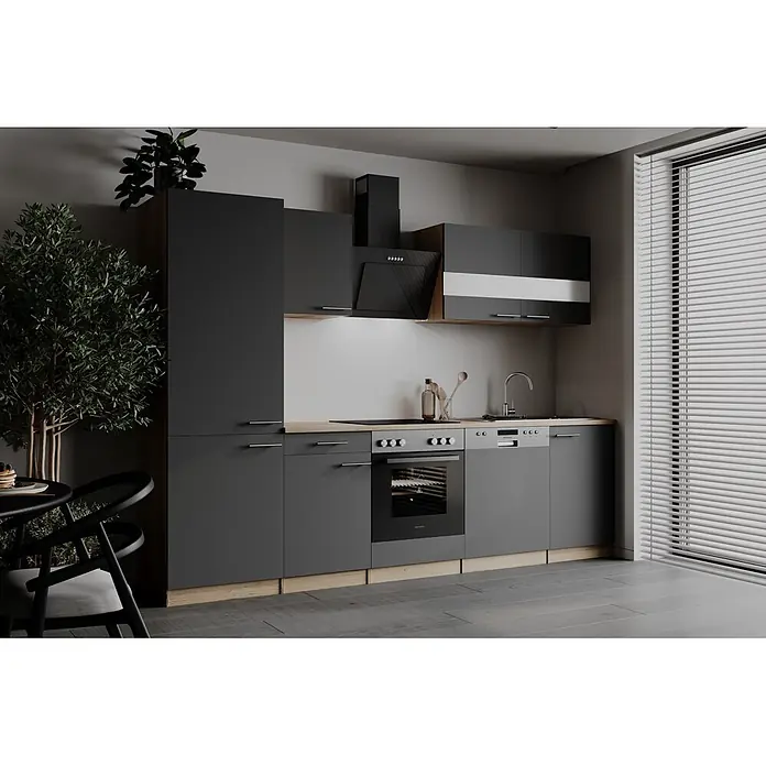 Respekta Küchenzeile Merle - Breite: 280 cm, Grau, Mit Elektrogeräten - Moderne dunkelgraue Küche mit Holzakzenten und integrierten Geräten: Backofen, Herd, Spüle und Spülmaschine.