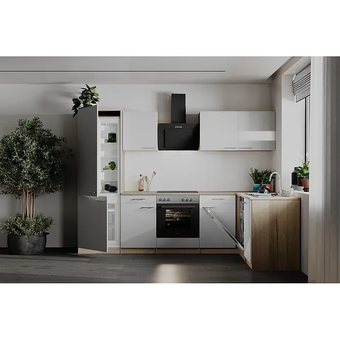 Respekta Winkelküche Merle - B x L: 280 x 172 cm, Weiß, Mit Elektrogeräten - Moderne Küche mit hellgrauen und weißen Schränken, Holzplatte, und integrierten Geräten wie offenem Kühlschrank und Spülmaschine.