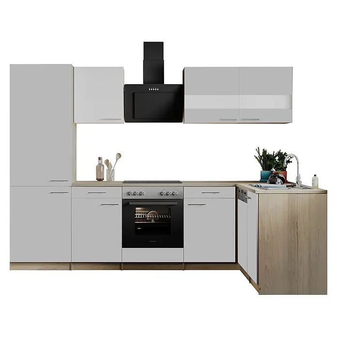 Respekta Winkelküche Merle - B x L: 280 x 172 cm, Weiß, Mit Elektrogeräten - Moderne L-förmige Küche mit weißen Schränken, heller Holztheke und schwarzen Geräten.