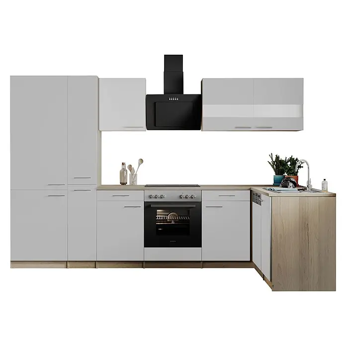Respekta Winkelküche Merle - B x L: 310 x 172 cm, Weiß, Mit Elektrogeräten - Moderne L-förmige Küche mit weißen Schränken, schwarzen Geräten und hellen Holz-Arbeitsplatten.