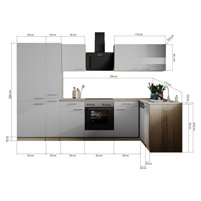Respekta Winkelküche Merle (B x L: 310 x 172 cm, Schwarz, Mit Elektrogeräten, Mit Schräghaube) | BAUHAUS