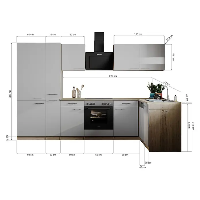 Respekta Winkelküche Merle - B x L: 310 x 172 cm, Weiß, Mit Elektrogeräten - Hellgraue L-förmige Einbauküche mit Holz-Arbeitsplatte, Hochschrank, Spüle, Backofen und Kochfeld, mit Maßen.