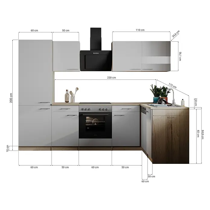 Respekta Winkelküche Merle - B x L: 280 x 172 cm, Grau, Mit Elektrogeräten - L-förmige Modulküche mit hellgrauen Schränken, Holz-Arbeitsplatten, integrierten Geräten und einem Hochschrank.