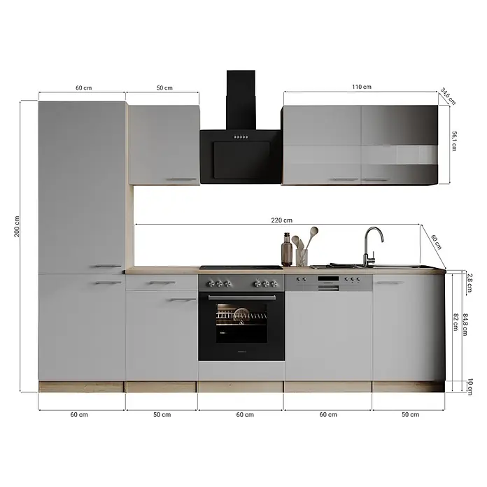 Respekta Küchenzeile Merle - Breite: 280 cm, Weiß, Mit Elektrogeräten - Moderne graue Einbauküche mit heller Holztheke, schwarzen Geräten und Schränken (Backofen, Kochfeld, Spülmaschine, Spüle, Dunstabzugshaube). Maße angegeben.