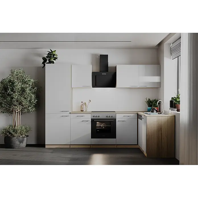Respekta Winkelküche Merle - B x L: 280 x 172 cm, Weiß, Mit Elektrogeräten - Moderne weiße Küche mit schwarzen Geräten, Holzarbeitsplatten und integrierter Spüle und Geschirrspüler, mit großer Topfpflanze.