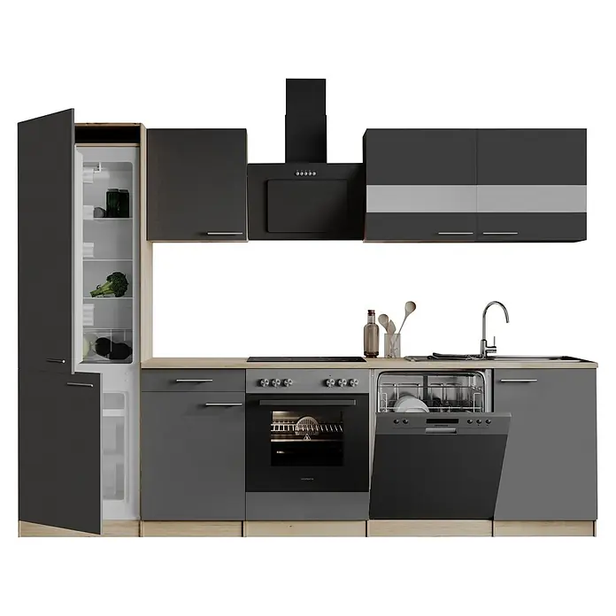 Respekta Küchenzeile Merle - Breite: 280 cm, Grau, Mit Elektrogeräten - Dunkelgraue modulare Küche mit heller Holzoptik und integrierten Geräten: Backofen, Kochfeld, Kühlschrank, Geschirrspüler, Spüle.