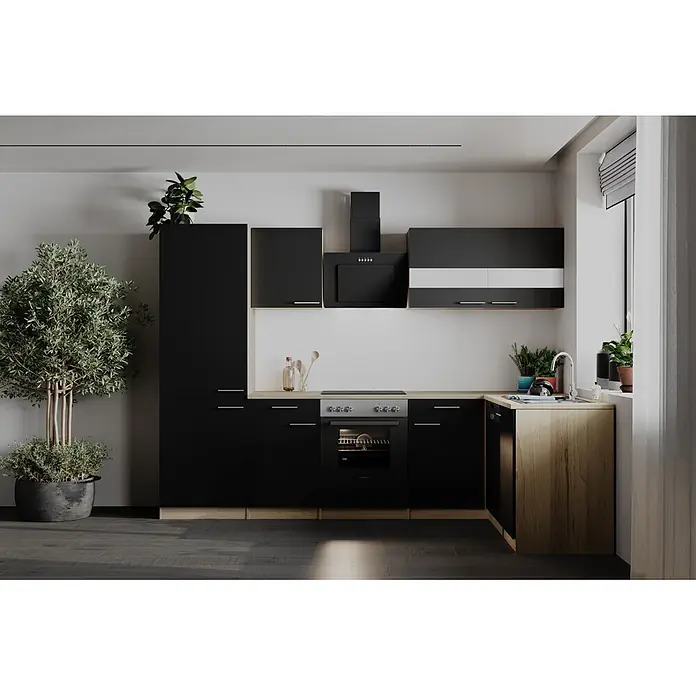 Respekta Winkelküche Merle - B x L: 280 x 172 cm, Schwarz, Mit Elektrogeräten - Moderne Küche mit schwarzen Schränken, heller Holz-Arbeitsplatte, integriertem Backofen, Kochfeld, Spüle und Dunstabzugshaube.