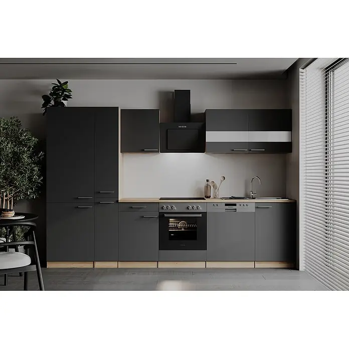Respekta Küchenzeile Merle - Breite: 310 cm, Grau, Mit Elektrogeräten - Moderne dunkelgraue Küche mit eleganten Schränken, hellen Holz-Arbeitsplatten und integrierten Geräten.