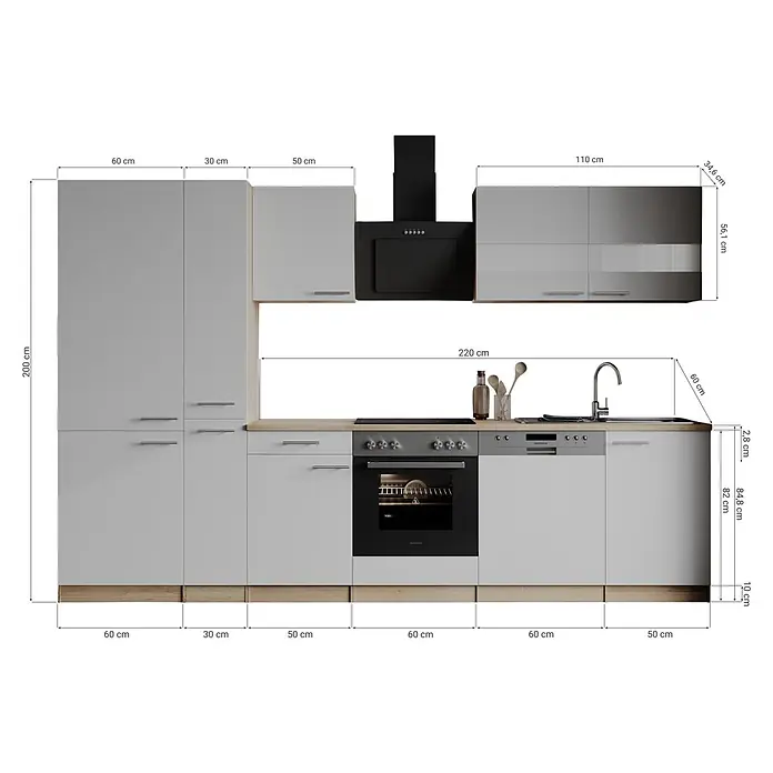 Respekta Küchenzeile Merle - Breite: 310 cm, Weiß, Mit Elektrogeräten - Helle graue modulare Küchenzeile mit Holzoptik-Elementen; integrierter Backofen, Kochfeld, Spüle, Geschirrspüler, Dunstabzugshaube.