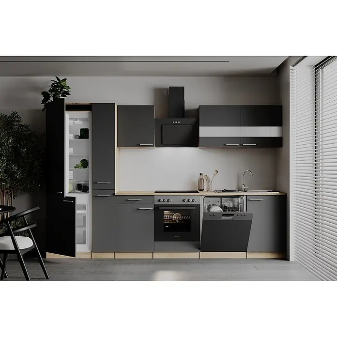 Respekta Küchenzeile Merle - Breite: 310 cm, Grau, Mit Elektrogeräten - Moderne Küche mit dunkelgrauen Schränken, Holzplatte und integrierten schwarzen Geräten: Backofen, Kochfeld, Dunstabzugshaube, offener Geschirrspüler, Kühlschrank.