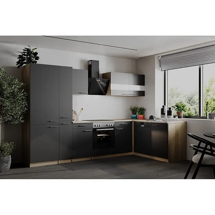 Respekta Winkelküche Merle - B x L: 310 x 172 cm, Grau, Mit Elektrogeräten - Moderne L-förmige Küche mit dunkelgrauen und Holzoptik-Schränken, schwarzen Geräten und heller Holz-Arbeitsplatte.