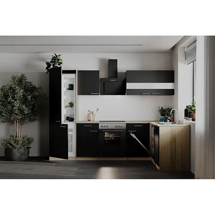 Respekta Winkelküche Merle - B x L: 280 x 172 cm, Schwarz, Mit Elektrogeräten - Moderne Küche mit schwarzen Schränken, heller Holzplatte und integrierten Geräten, inklusive geöffnetem Kühlschrank und Geschirrspüler.